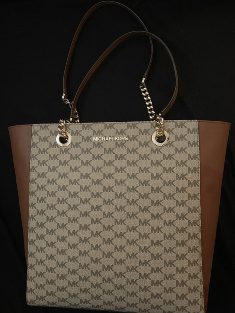 Michael Kors Beige/Brown MK Logo Tote with Gold Hardware